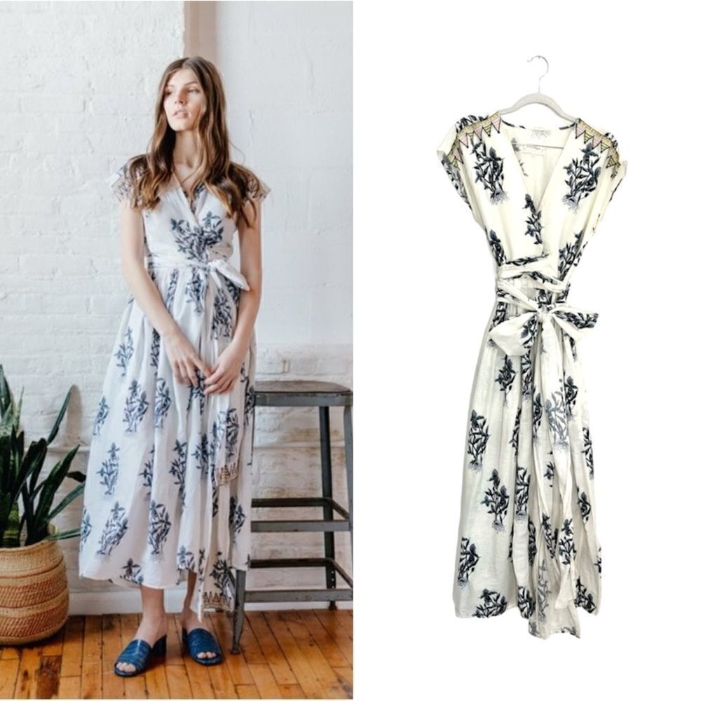NWOT Anthropologie x Voloshin White and Blue Linen Maxi Dress